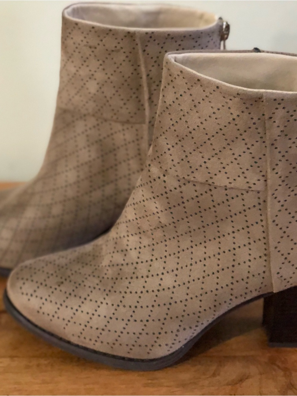 Perforated Taupe Suede Ankle Booties with Block Heel